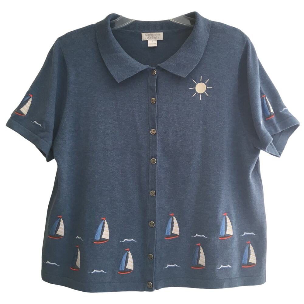 Vintage Christopher & Banks Large SS Blue Embroidered Sweater Top Sun Boat Waves